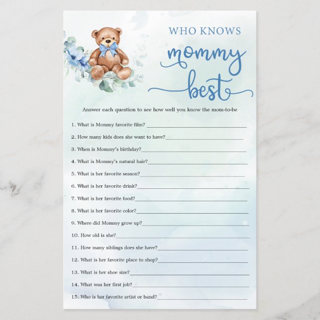 Eucalyptus Wreath Teddy Bear Boy Baby Shower game (Front)