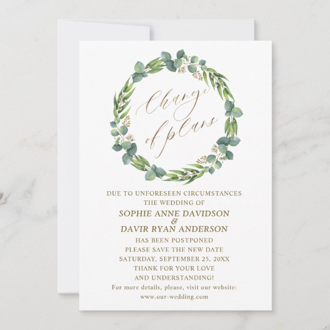 Eucalyptus Wreath Wedding Gold Change Of Plans Invitation (Front)