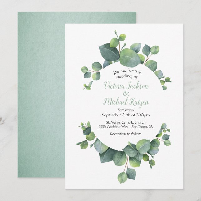 Eucalyptus Wreath Wedding Invitation (Front/Back)