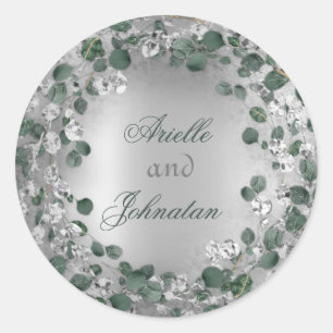 Eucalyptus Wreath Wedding Name Favour Green Grey Classic Round Sticker