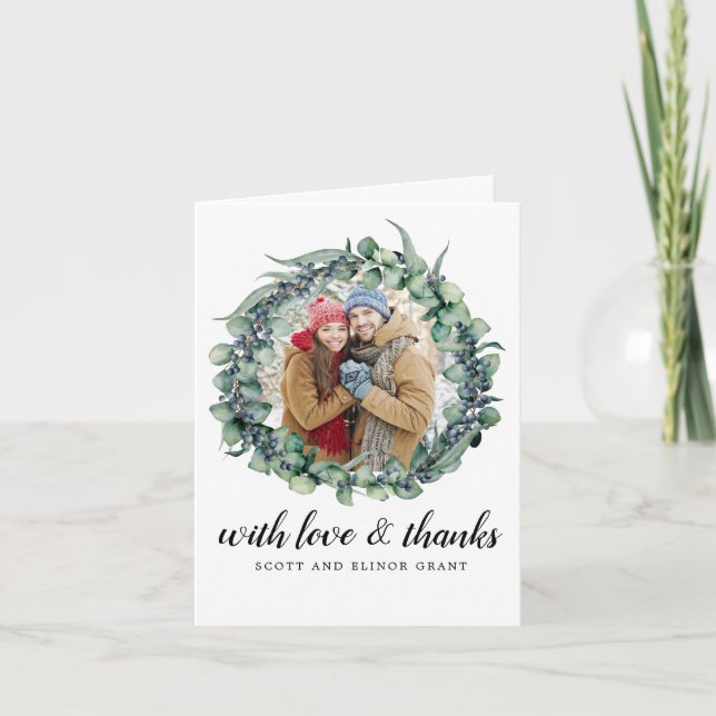 Eucalyptus Wreath Wedding Photo Thank You Card (Front)