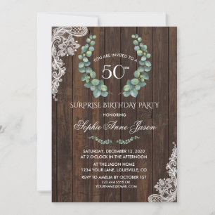 Eucalyptus Wreath Wood Lace 50th Birthday Party Invitation