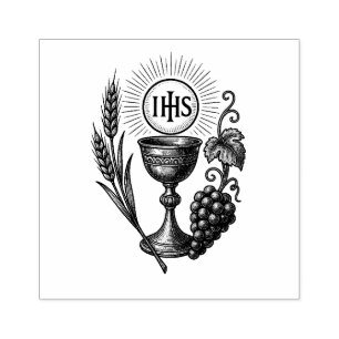 Eucharist Chalice Wheat and Grapes Catholic Rubber Stamp