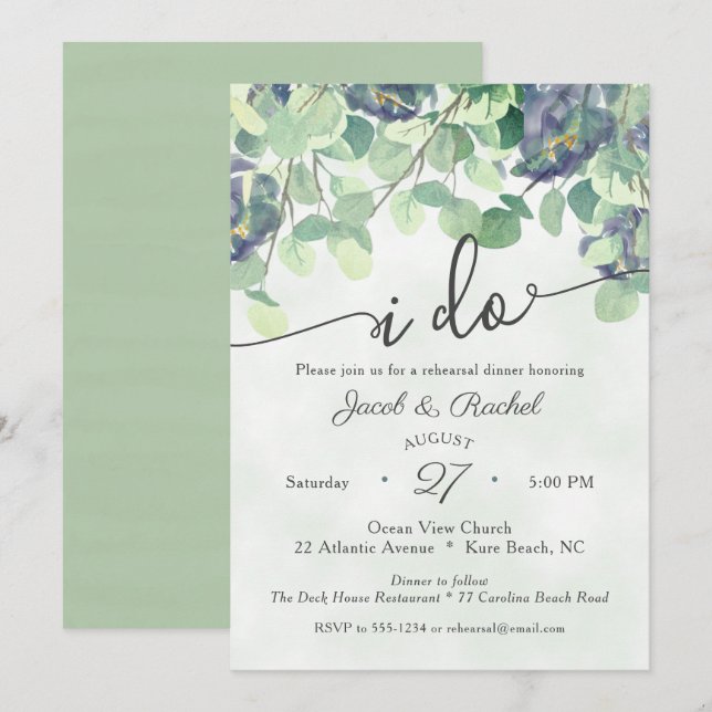 Eucualyptus Greenery I DO Floral Rehearsal Dinner Invitation (Front/Back)