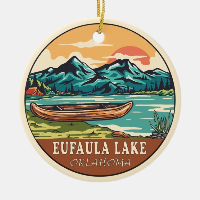 Eufaula Lake Oklahoma Boating Fishing Emblem Ceramic Tree Decoration (Front)