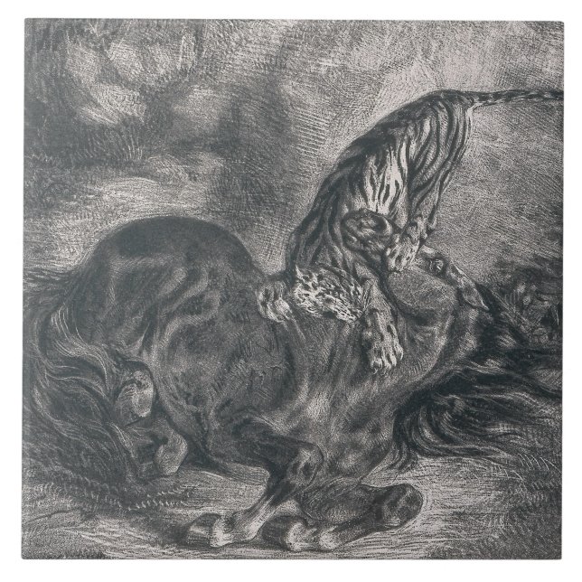Eugene Delacroix - Wild Horse Felled by a Tiger Tile (Front)
