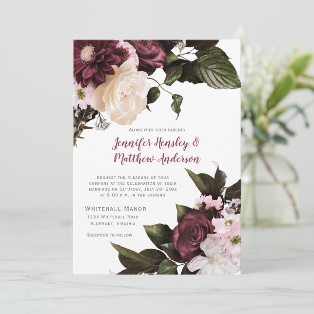 Euphoria Blush Pink and Burgundy Floral Wedding Invitation (Standing Front)