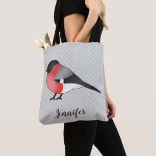 Eurasian Bullfinch Bird Illustration & Custom Name Tote Bag
