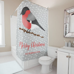 Eurasian Bullfinch Custom Family Name Christmas Shower Curtain