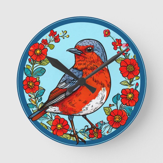 Eurasian robin bird round clock (Front)