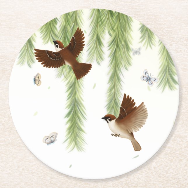 Eurasian Tree Sparrows Under a Weeping Willow Tree Round Paper Coaster (Front)