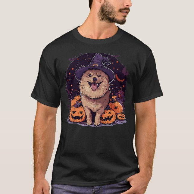 Eurasier Dog Whitch Hat Halloween Pumpkin Spooky H T-Shirt (Front)