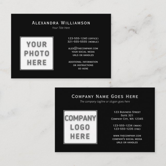 Euro DIY Photo Logo Double-Sided Horizontal Black Business Card (Front/Back)