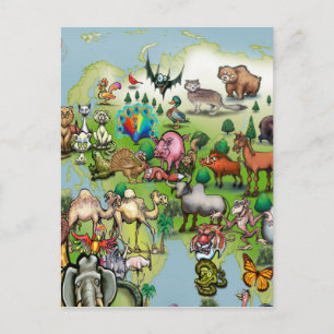 Europe Asia Animals World Map Postcard