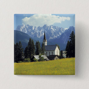 Europe, Austria, Gosau. The spire of the church 15 Cm Square Badge