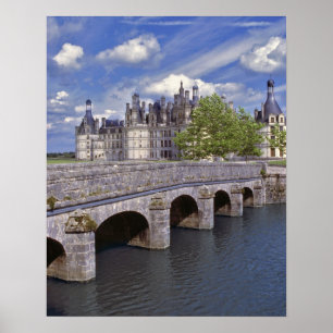 Europe, France, Chambord. A stone bridge leads Poster