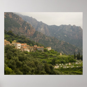 Europe, France, Corsica, Ota. Town of Ota and Poster