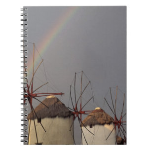 Europe, Greece, Mykonos. wind mill with rainbow Notebook