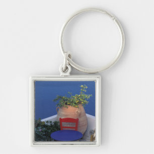 Europe, Greece, Santorini. Terrace with sea view Key Ring