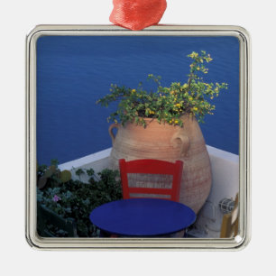 Europe, Greece, Santorini. Terrace with sea view Metal Tree Decoration