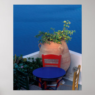 Europe, Greece, Santorini. Terrace with sea view Poster