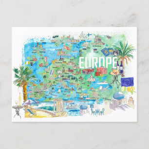 Europe Illustrated Travel Map  Postcard