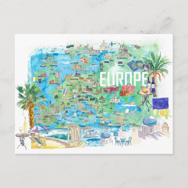 Europe Illustrated Travel Map  Postcard (Front)