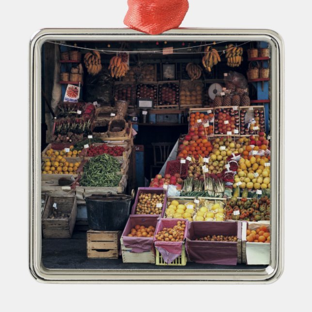 Europe, Italy, Venice area. Colourful fruits and Metal Tree Decoration (Front)