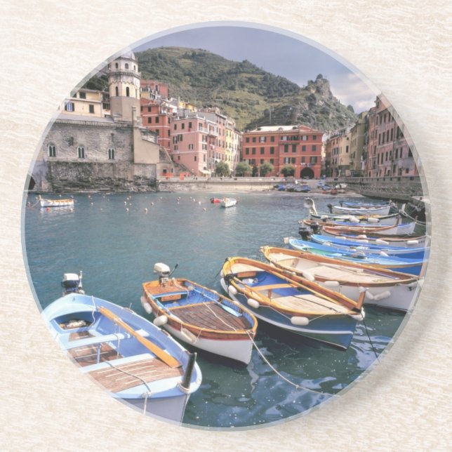 Europe, Italy, Vernazza. Brightly painted boats Coaster (Front)
