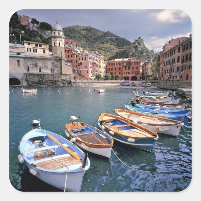 Europe, Italy, Vernazza. Brightly painted boats Square Sticker (Front)