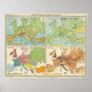 Europe physical features & population Map Poster