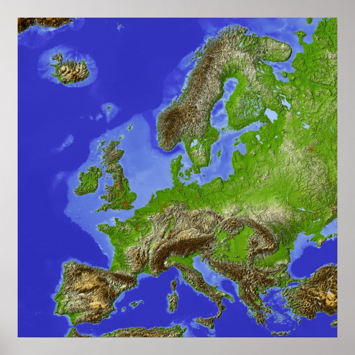 Europe, shaded relief map poster | Zazzle.co.uk