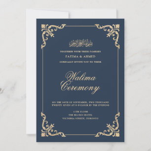 European Baroque Frame Navy Blue Walima Ceremony Invitation