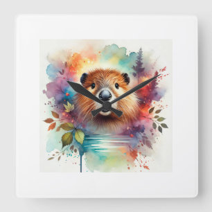 European Beaver 120724AREF124 - Watercolor Square Wall Clock