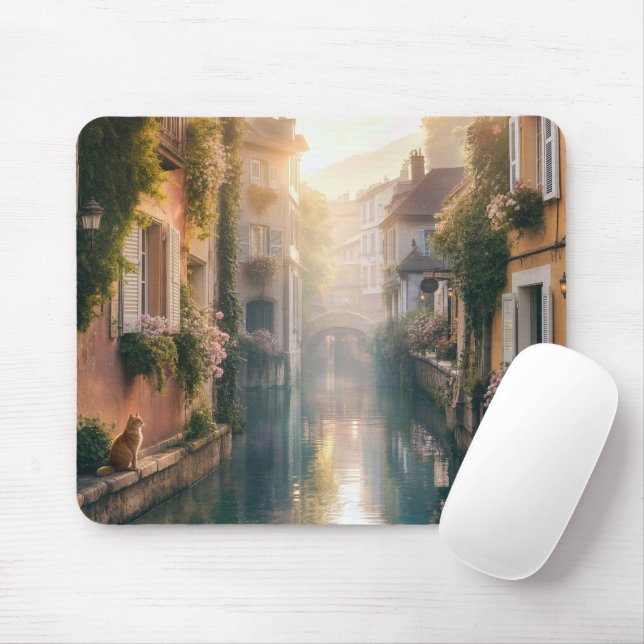 European Canal with a Ginger Cat Mouse Mat (With Mouse)