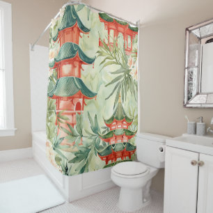 European Chinoiserie Pagoda Forest Watercolor Shower Curtain