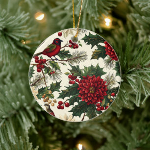European Christmas Poinsettia Cream Red Green Ceramic Tree Decoration