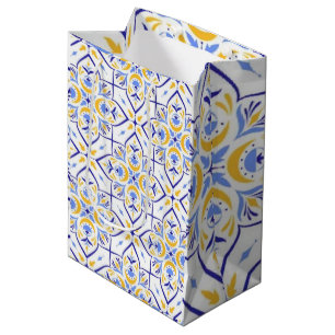 European Floral Blue and Gold Geometric Mosaic Medium Gift Bag