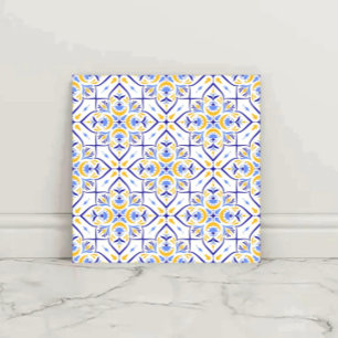 European Floral Blue and Gold Geometric Mosaic Tile