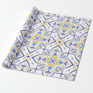 European Floral Blue and Gold Geometric Mosaic Wrapping Paper