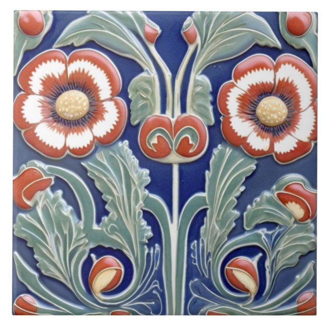 European Folk Art Swirling Red Flowers Tile (Front)
