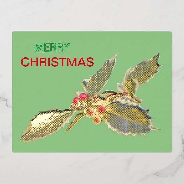 European Holly Christmas Gold Foil Postcard (Front)