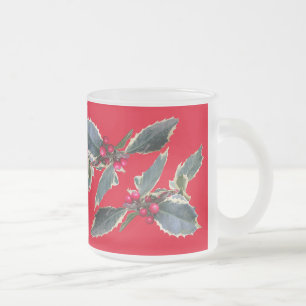 European Holly Cust. Red Frosted Glass Mug