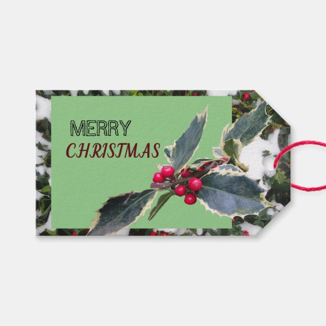 European Holly with Snow Merry Christmas Gift Tag (Front (Horizontal))