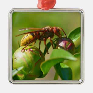 European hornet on bud flower metal tree decoration
