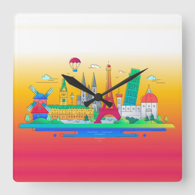 European landmarks square wall clock (Front)