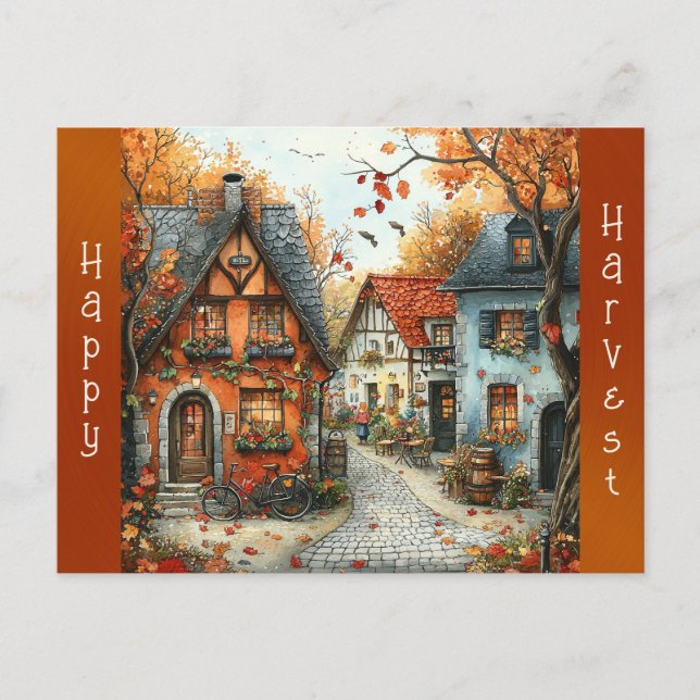 European Orange Autumn Village Illustration Holiday Postcard (Front)