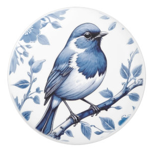 European Robin Bird Delft Blue and White Floral Ceramic Knob