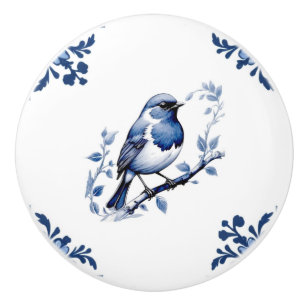 European Robin Bird Delft Blue White Floral Corner Ceramic Knob