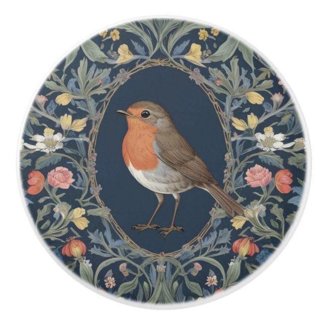European Robin Bird William Morris style L Floral Ceramic Knob (Front)